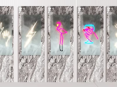 Modern Decorative Neon Lights With Flamingo Lightning Glass Designs On Marble Wall 3d model