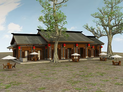 Ancient Building Featuring Traditional Roof Big Trees Red Lanterns And Outdoor Umbrella Chairs 3d model