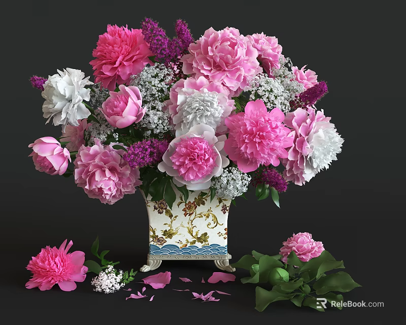 Decorative Vase With Pink White And Purple Peonies Scattered Petals And Green Leaves 3d model 
