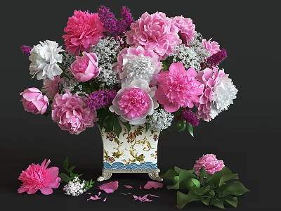 Decorative Vase With Pink White And Purple Peonies Scattered Petals And Green Leaves 3d model