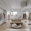 Modern Minimalist Clothing Store Interior With Hanging Apparel And Display Racks