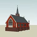 Ancient Church Architecture With Gothic Spire Clock Tower And Stained Glass Windows