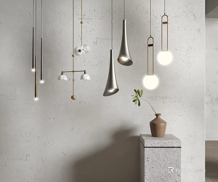 Modern Pendant Lights With Different Shapes And Metallic Finishes For Gray Textured Interior 3d model 