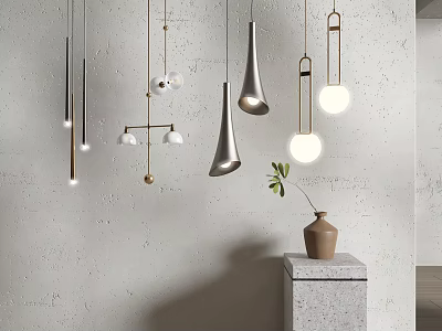 Modern Pendant Lights With Different Shapes And Metallic Finishes For Gray Textured Interior 3d model