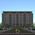 Modern Multistory Residential Building With Large Windows Symmetrical Layout And Surrounding Lawn Greenery Entrance Area