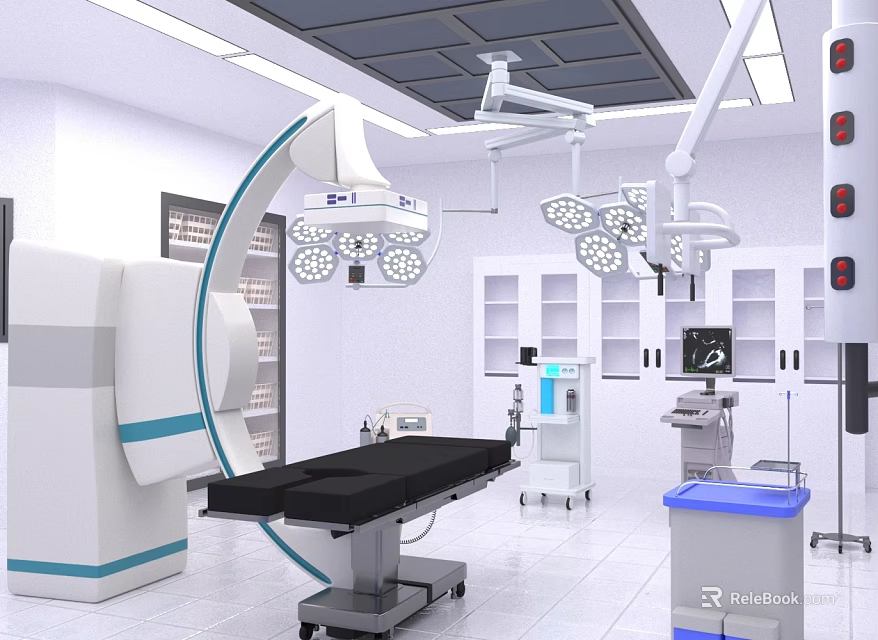 Sterile Operating Room Interior With Surgical Lights And Medical Equipment 3d model 