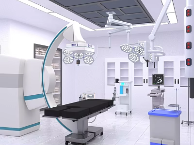 Sterile Operating Room Interior With Surgical Lights And Medical Equipment 3d model