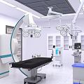 Sterile Operating Room Interior With Surgical Lights And Medical Equipment