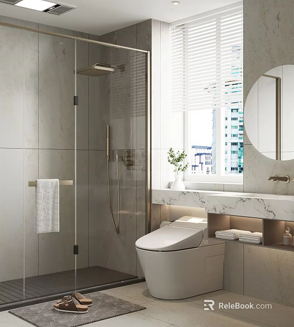 Modern Bathroom Interior Design with Shower Area Toilet Marble Countertop Mirror Blinds And Plants 3d model 