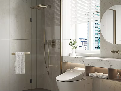 Modern Bathroom Interior Design with Shower Area Toilet Marble Countertop Mirror Blinds And Plants 3d model