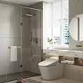Modern Bathroom Interior Design with Shower Area Toilet Marble Countertop Mirror Blinds And Plants