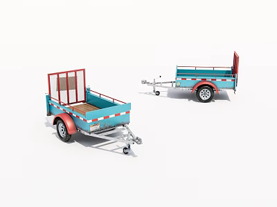 Blue Utility Trailers With Red Railings Wooden Floor Hitch And Wheels 3d model