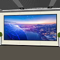 Modern Front Desk Reception Area With Large Display Screen Cityscape Global Map And Green Plants