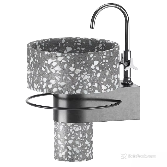 Modern Terrazzo Washbasin With Gray White Speckles And Metal Faucet Circular Shelf 3d model 