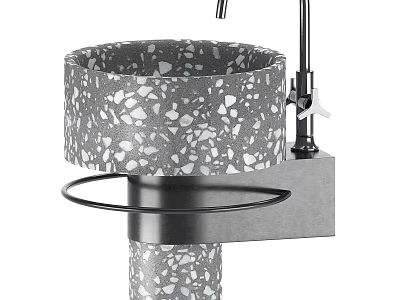 Modern Terrazzo Washbasin With Gray White Speckles And Metal Faucet Circular Shelf 3d model
