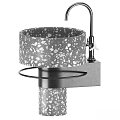 Modern Terrazzo Washbasin With Gray White Speckles And Metal Faucet Circular Shelf