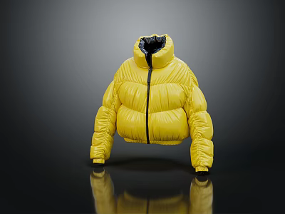 Oversized Yellow Puffer Jacket With High Neck And Black Zipper Design 3d model