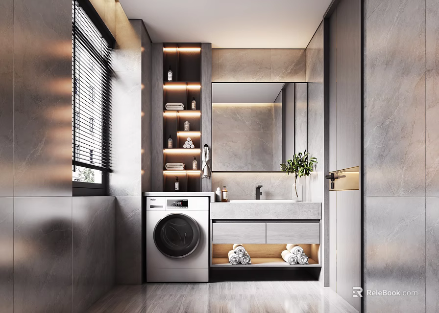 Modern Bathroom Interior Design With Gray Walls Washing Machine Vanity Mirror Shelves Plant And Blinds 3d model 