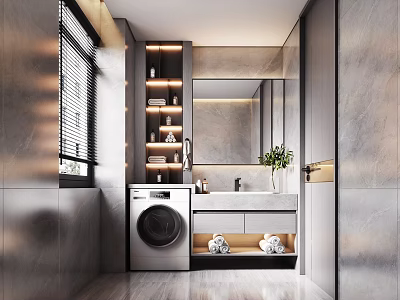 Modern Bathroom Interior Design With Gray Walls Washing Machine Vanity Mirror Shelves Plant And Blinds 3d model