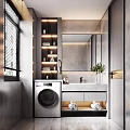 Modern Bathroom Interior Design With Gray Walls Washing Machine Vanity Mirror Shelves Plant And Blinds