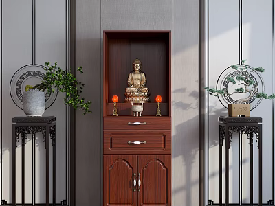 Brown Wooden Buddha Cabinet with Buddha Statue Red Candles and Green Plants on Black Stands 3d model