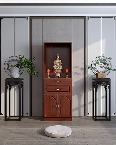 Brown Wooden Buddha Cabinet with Buddha Statue Red Candles and Green Plants on Black Stands 3d model