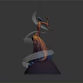 Black Bird Perched On Twisted Orange Red Branch With Blue Rocks White Streamers Purple Base