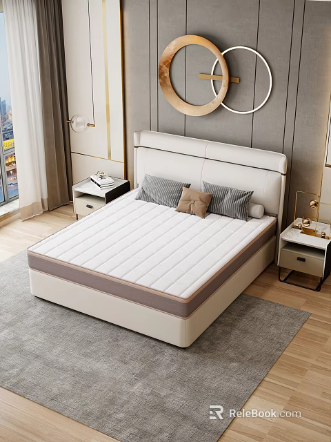 Comfortable White Striped Mattress In Modern Bedroom With Light-colored Headboard Nightstands Soft Carpet And Decorative Rings 3d model 