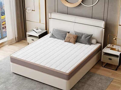 Comfortable White Striped Mattress In Modern Bedroom With Light-colored Headboard Nightstands Soft Carpet And Decorative Rings 3d model