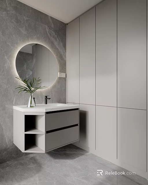 Modern Bathroom Vanity with Round Illuminated Mirror Gray Marble Wall Green Plant and White Cabinetry 3d model 