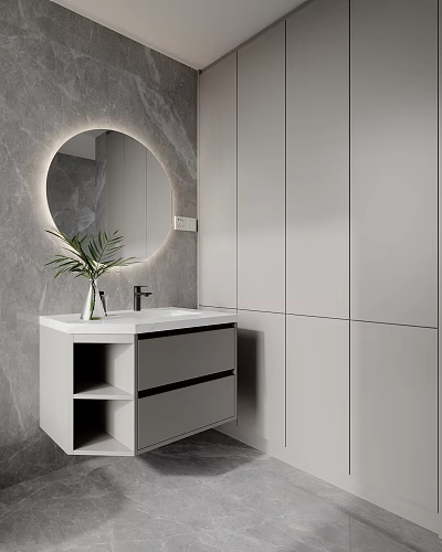Modern Bathroom Vanity with Round Illuminated Mirror Gray Marble Wall Green Plant and White Cabinetry 3d model
