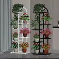 Multi Tiered Garden Plant Stands White Black With Green Flowering Plants 3d model