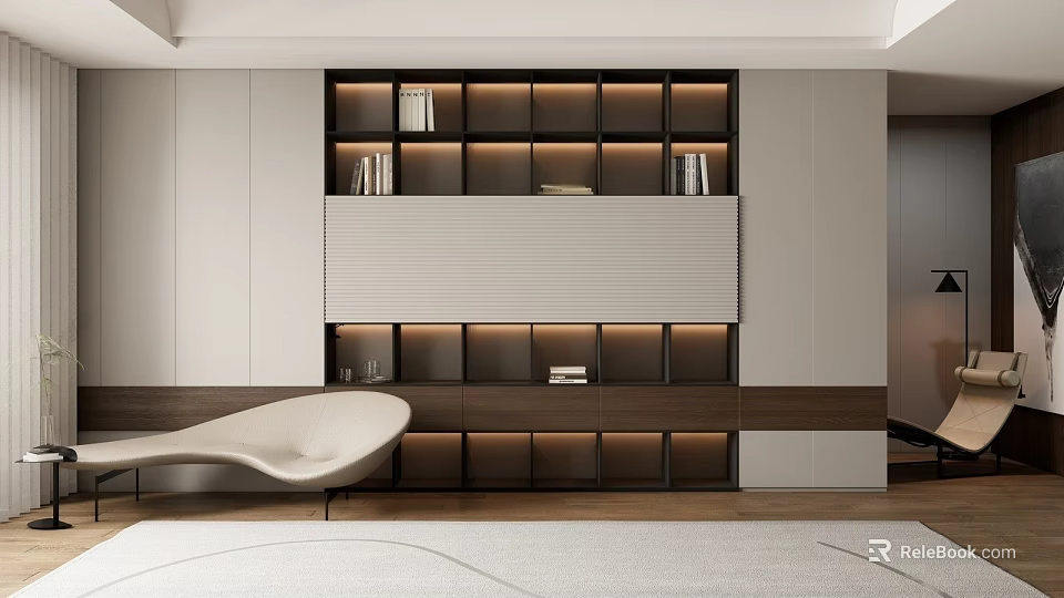 Modern Minimalist Full Wall Bookcase With Warm Recessed Lights For Elegant Home Display And Storage 3d model 