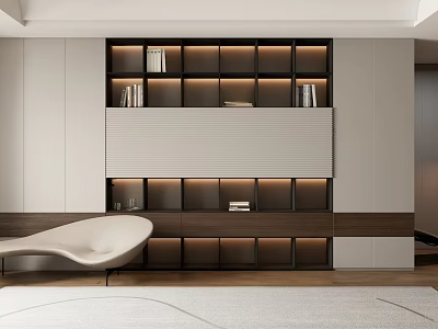 Modern Minimalist Full Wall Bookcase With Warm Recessed Lights For Elegant Home Display And Storage 3d model