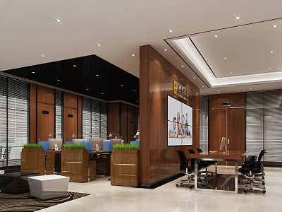 Modern Public Office Space With Wooden Panels Desks Chairs Green Plants And Large Screen 3d model