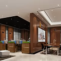 Modern Public Office Space With Wooden Panels Desks Chairs Green Plants And Large Screen