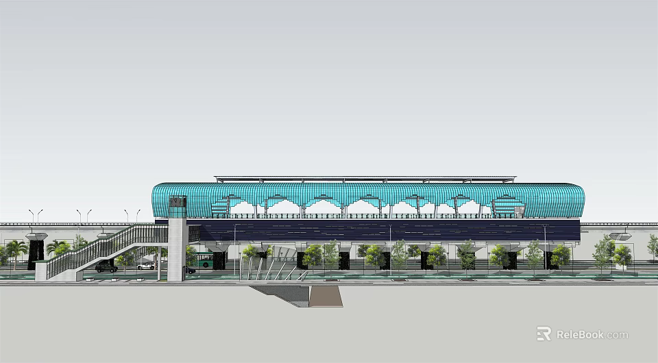 Modern Station Architecture With Blue Roof Glass Structure And Green Plants Entrance 3d model 