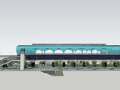 Modern Station Architecture With Blue Roof Glass Structure And Green Plants Entrance 3d model