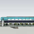 Modern Station Architecture With Blue Roof Glass Structure And Green Plants Entrance