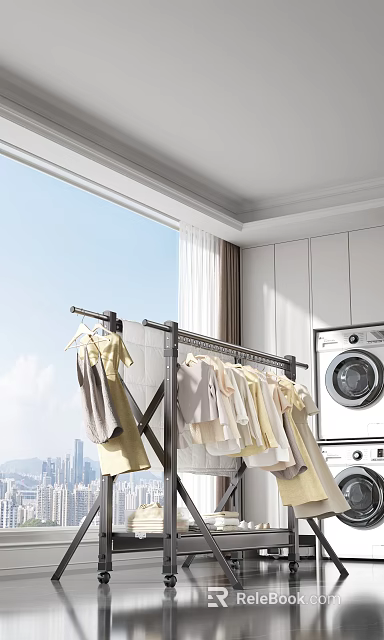 Modern Clothes Rack With Hanging Clothes In Bright Laundry Room Near Washing Machine 3d model 