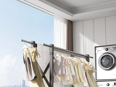 Modern Clothes Rack With Hanging Clothes In Bright Laundry Room Near Washing Machine 3d model