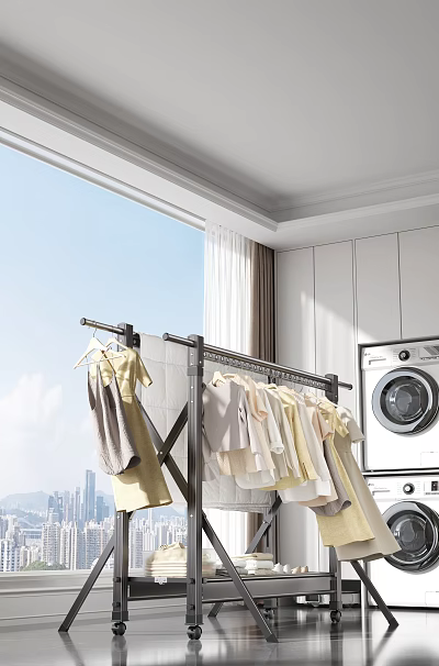 Modern Clothes Rack With Hanging Clothes In Bright Laundry Room Near Washing Machine 3d model
