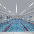 Indoor Swimming Pool Interior With Blue Lane Lines Swimmers And White Strip Lighting