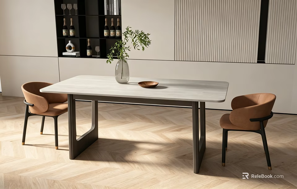 Modern Dining Table Set With White Top Black Frame Beige Leather Chairs And Decorative Shelf 3d model 