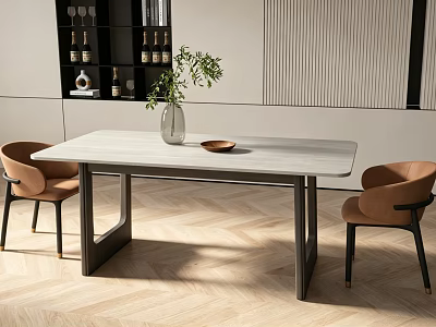 Modern Dining Table Set With White Top Black Frame Beige Leather Chairs And Decorative Shelf 3d model