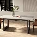 Modern Dining Table Set With White Top Black Frame Beige Leather Chairs And Decorative Shelf