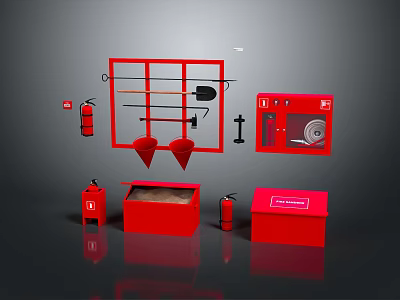 Essential Commercial Safety Equipment Including Fire Extinguishers Sand Boxes And Hose Cabinets 3d model