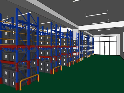 Warehouse Storage Area With Blue Metal Shelves Green Floor And Windows 3d model