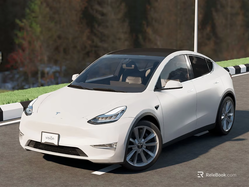 White Tesla Model Y SUV With Modern Exterior Black Roof And Alloy Wheels On Road 3d model 