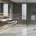 Luxury Modern Bathroom Interior With Glass Shower Enclosure Freestanding Bathtub And Large Windows